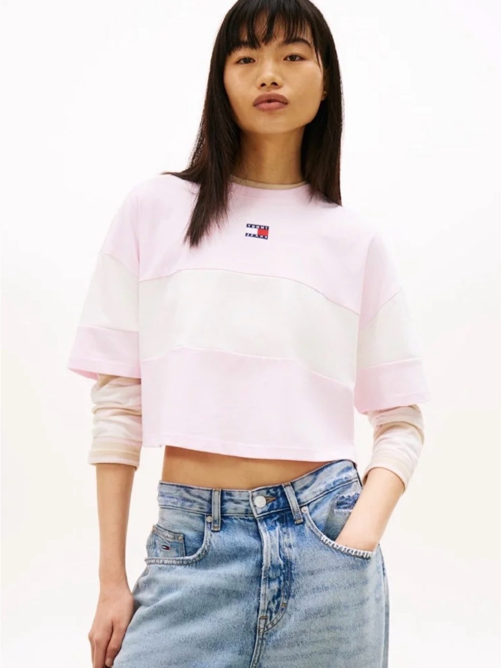 Tommy Jeans Pink & White Colorblock Cropped Tee Shirt